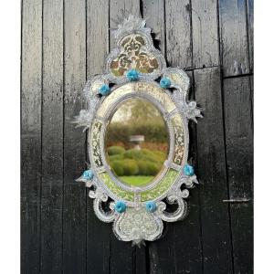 Colorless And Blue Murano Glass Venetian Mirror 