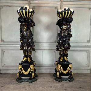 Paire De Maures Porte Vasques , Sculptures Vénitiennes Laquées Et Dorées, Vers 1880 