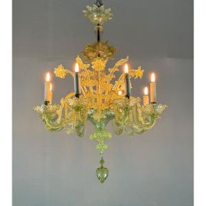 Venetian Murano Glass Chandelier In Uranus Green Color, 8 Light Arms Circa 1880 