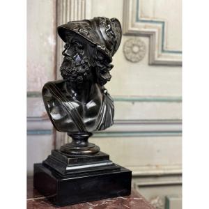 Bust Of Ajax, Black Patina Bronze On A Black Marble Base From Belgium, 19th Century