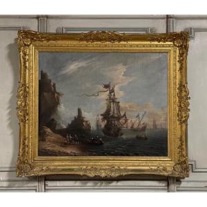 "view Of A Busy Port" Oil On Canvas And Its Frame, 18th Century 