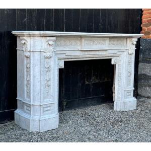 Important Napoleon III Fireplace In White Carrara Marble Circa 1880