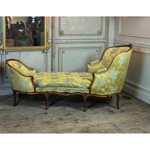 Duchess In Boat, Chaise Longue, Louis XV, Yellow Silk, 18th Century 