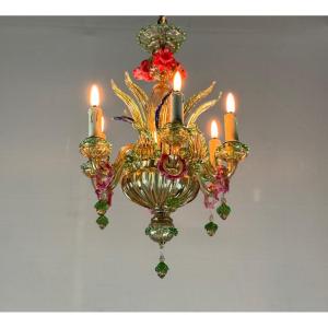 Venetian Chandelier In Multi-colored Murano Glass With Dominant Mordoré, Circa 1940