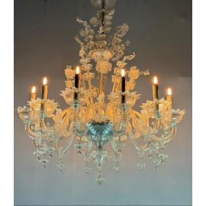 Venetian Chandelier In Colorless Murano Glass, 12 Light Arms, Circa 1900