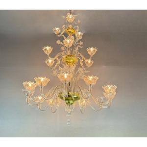 Murano Glass Venetian Chandelier, Colorless, Three Levels Of Light, Golden Cups