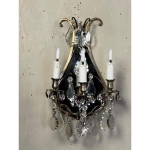 Pair Of Lyre-shaped Wall Lights, Silver-plated Metal ,cut Crystals And Mirror, Circa 1900