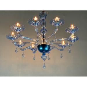 Blue Murano Glass Venetian Chandelier, 10 Light Arms, Venini Model, Circa 1980