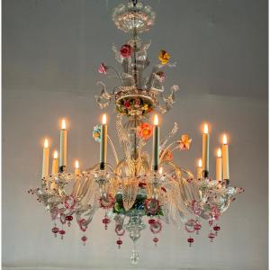 Lustre Vénitien En Verre De Murano Multicolore Deux Niveaux De Fleurs Et Feuilles,vers 1900