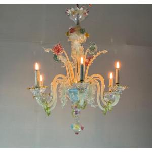 Multi-colored Murano Glass Venetian Chandelier, Six Light Arms, Circa 1920