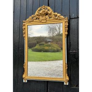 Grand Miroir Louis XVI En Bois Sculpté Et Doré, France, XVIIIème Siècle