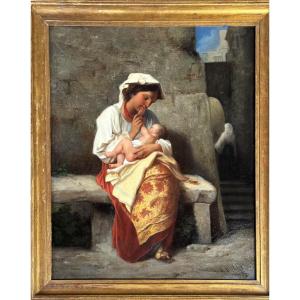 Maternity Or Young Peasant Woman And Her Child, Signed C Bühler, Italy 19th Century