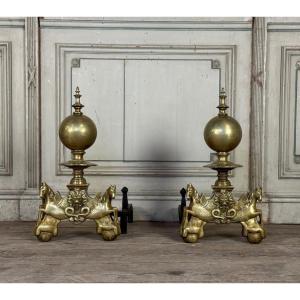 Pair Of Large Bronze Andirons In The 17th Century Style, Netherlands, 19th Century 