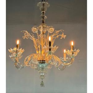 Venetian Chandelier In Colorless Murano Glass With 6 Lights, Circa 1930