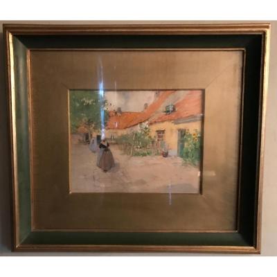 Watercolor Drawing "village Scene" Henri Cassiers