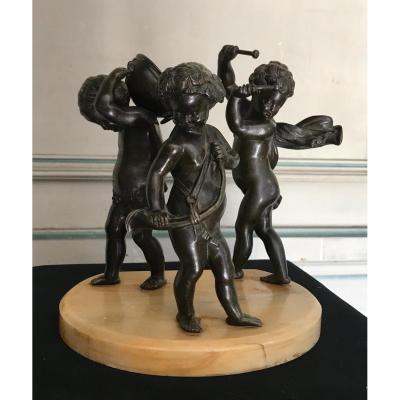 Three Musicians Angels, Bronze Sculptures On Marble Base