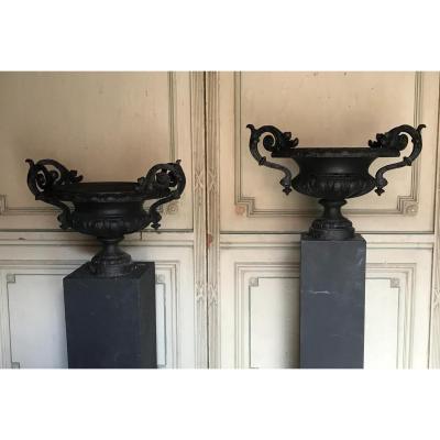 Pair Of Garden Urns  In Cast Iron 