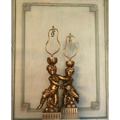 Two Children Carved Golden Wood, Table Lamps