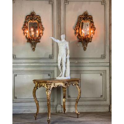 Paire De Miroirs En Bois Sculpté, Trois Bras De Lumière De Style Louis XVI