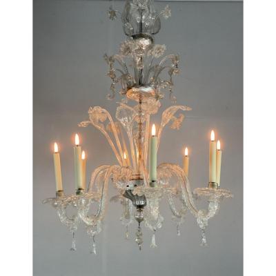 Venetian Chandelier In Transparent Murano Glass, 8 Arms Of Light