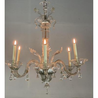 Transparent Murano Glass Venetian Chandelier, 6 Arms Of Light