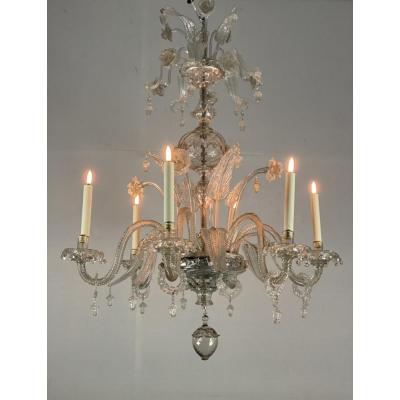 Transparent Murano Glass Venetian Chandelier, 6 Arms Of Light