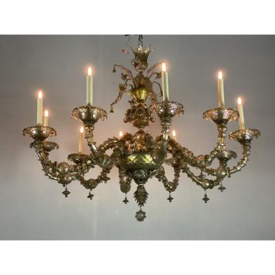 Venetian Rezzonico Chandelier In Mordoré Murano Glass With Green Reflections, 10 Arms Of Light