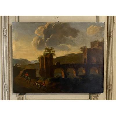 Paysage Italien, Huile Sur Toile, Fin XVIIIème Siècle 