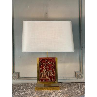 Brass Table Lamp, Lacquered And Gilded Wood Plate China Circa 1980