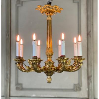 Lustre En Bronze Doré 8 Bras De Lumière, France Première Moitié Du XIXème Siècle 