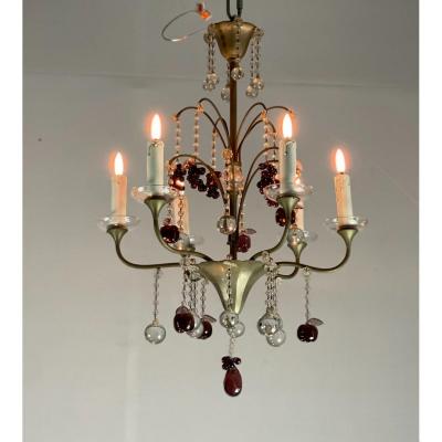 Chandelier In Silver Bronze Garnished With Tassels, Fruits And Balls
