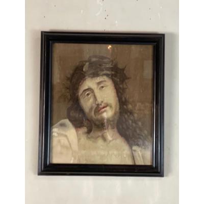 Tête Du Christ, Fragment De Tapisserie Sur Chassis Et Encadré, Flandres XVIIIéme Siècle 