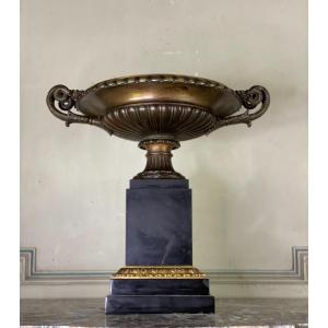 Bronze Cup With Brown Patina On Black Marble Base From Belgium