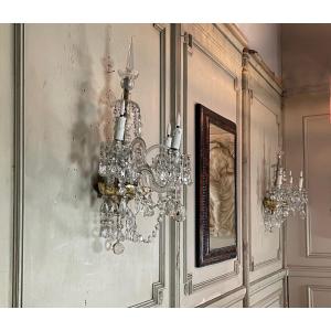 Pair Of Sconces Three Arms Of Light Decorated With Crystal Tassels