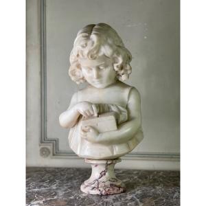 La Petite Fille Et La Tirelire, Sculpture En Albâtre, Signée Massi 