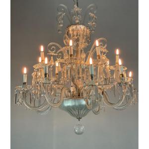 Transparent Blown And Pinch Glass Chandelier Decorated With Crystals, Austria Circa 1920