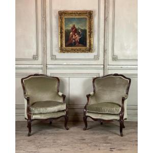 Pair Of Louis XV Style Bergeres In Carved Wood, Circa 1880