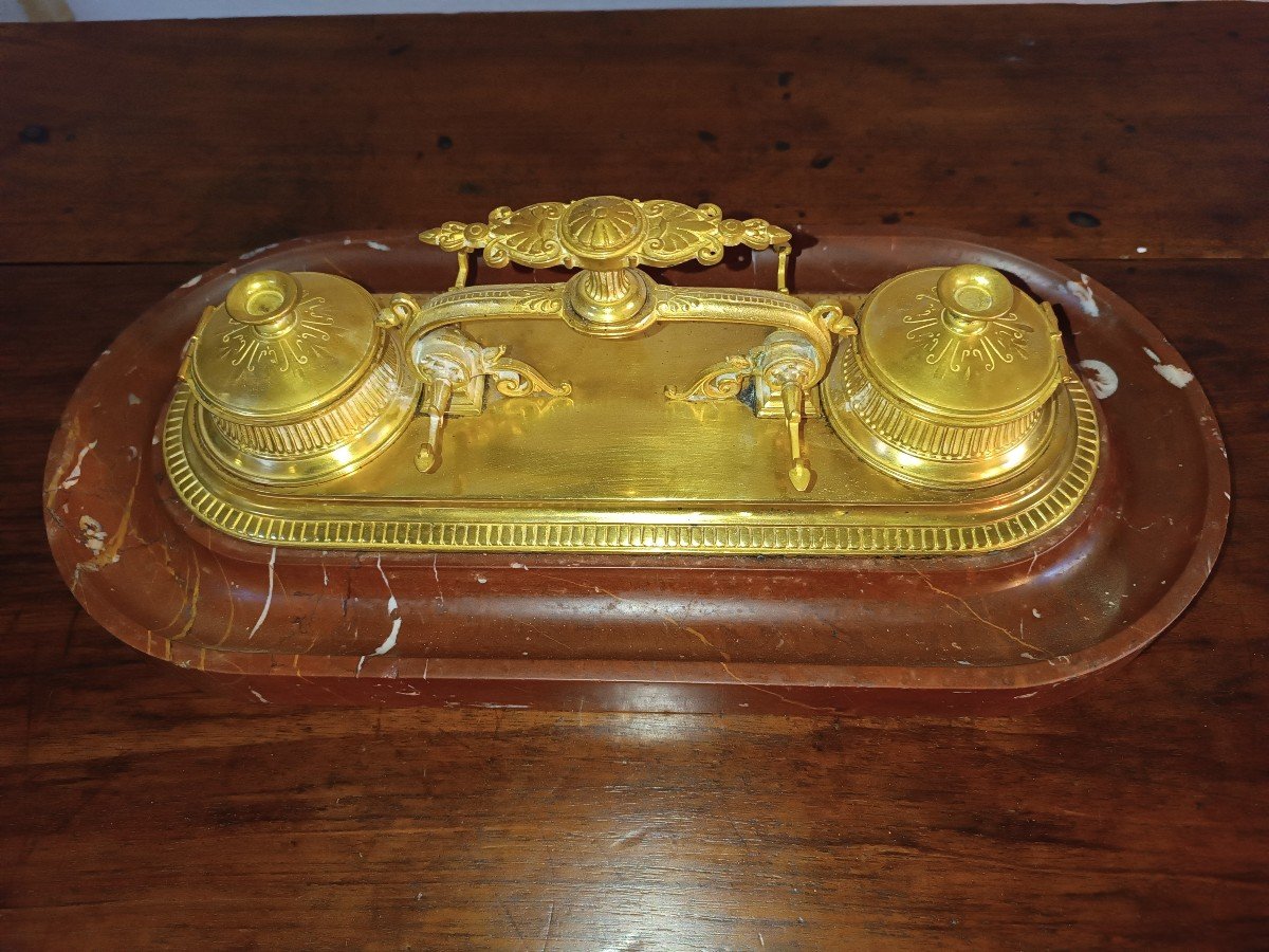 19th Century Louis XVI Style French Inkwell In Marble And Gilt Bronze-photo-1