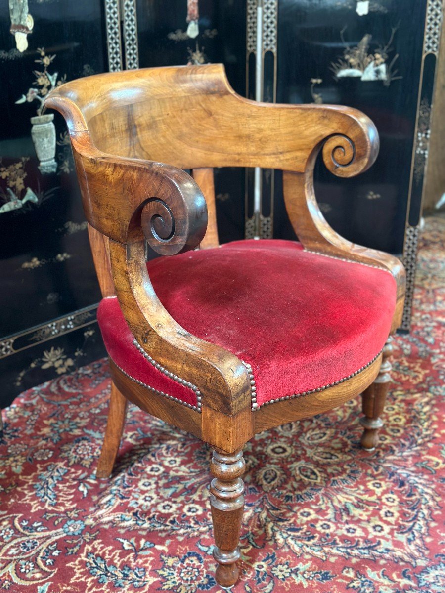 Fauteuil De Bureau Louis Philippe En Noyer, Recouvert De Velours Rouge, Vers 1870.-photo-2