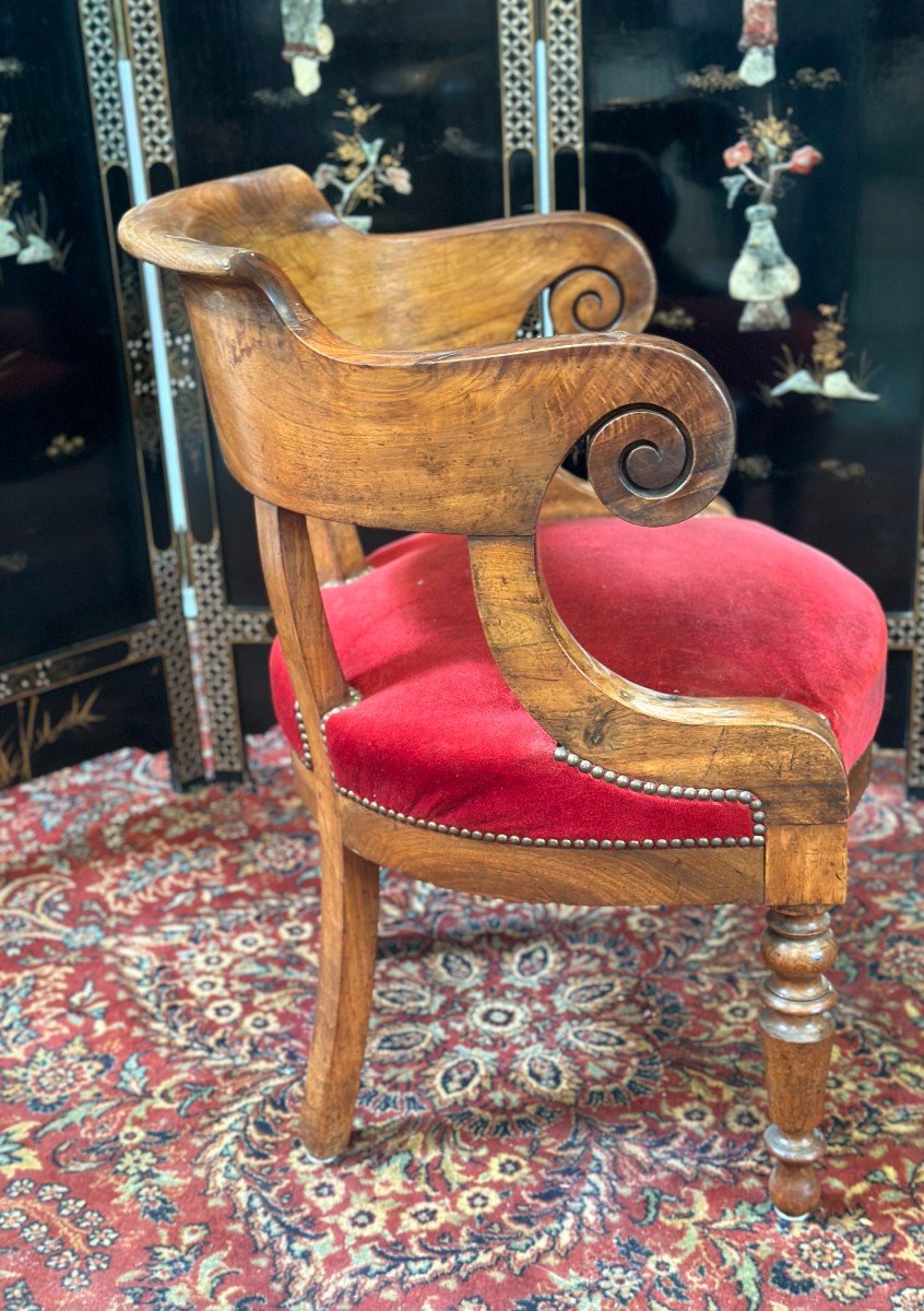 Fauteuil De Bureau Louis Philippe En Noyer, Recouvert De Velours Rouge, Vers 1870.-photo-3