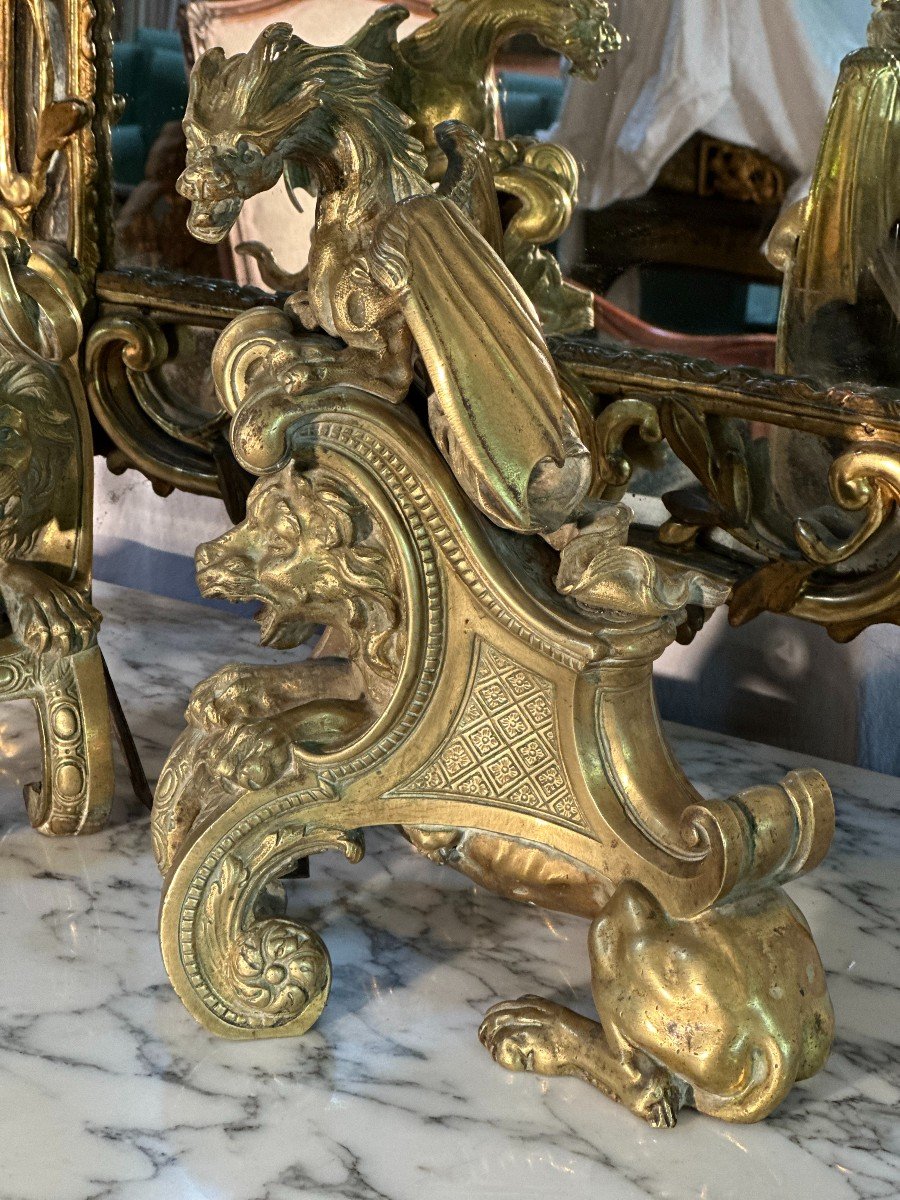 Pair Of Andirons With Lying Lions And Dragons Charles Cressent, Around 1725-photo-3