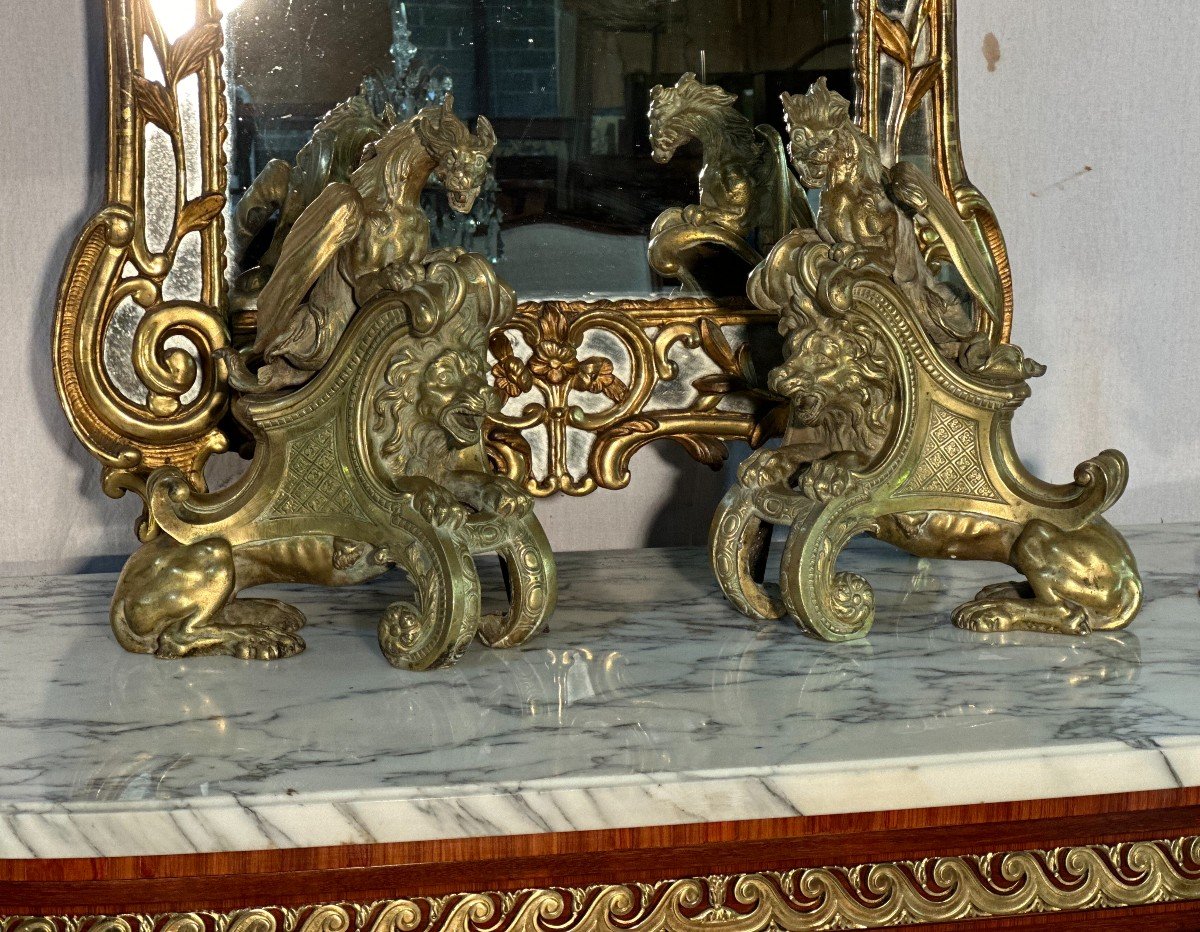 Pair Of Andirons With Lying Lions And Dragons Charles Cressent, Around 1725-photo-4