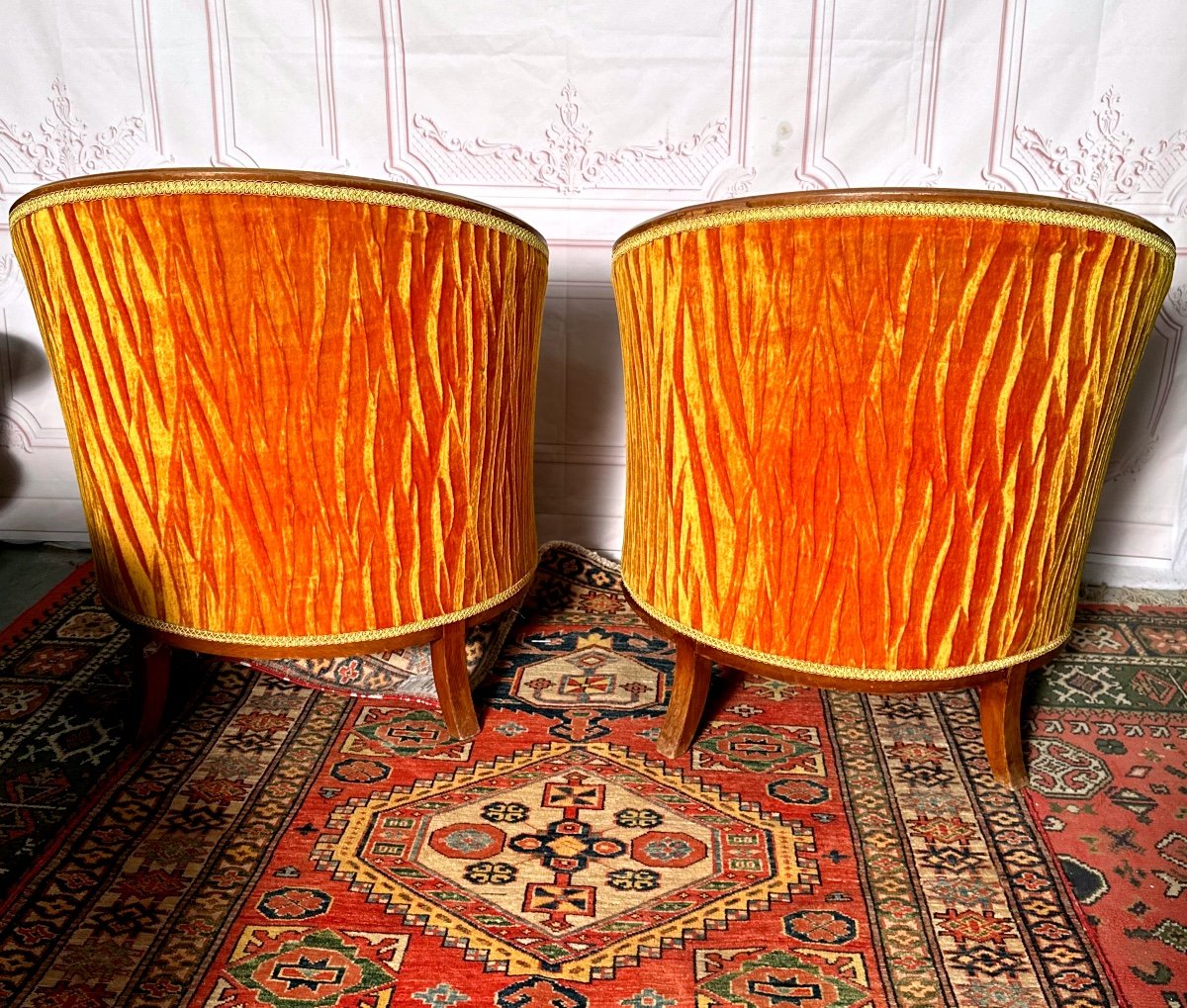 Pair Of Art Deco Barrel Armchairs And Bench-photo-4