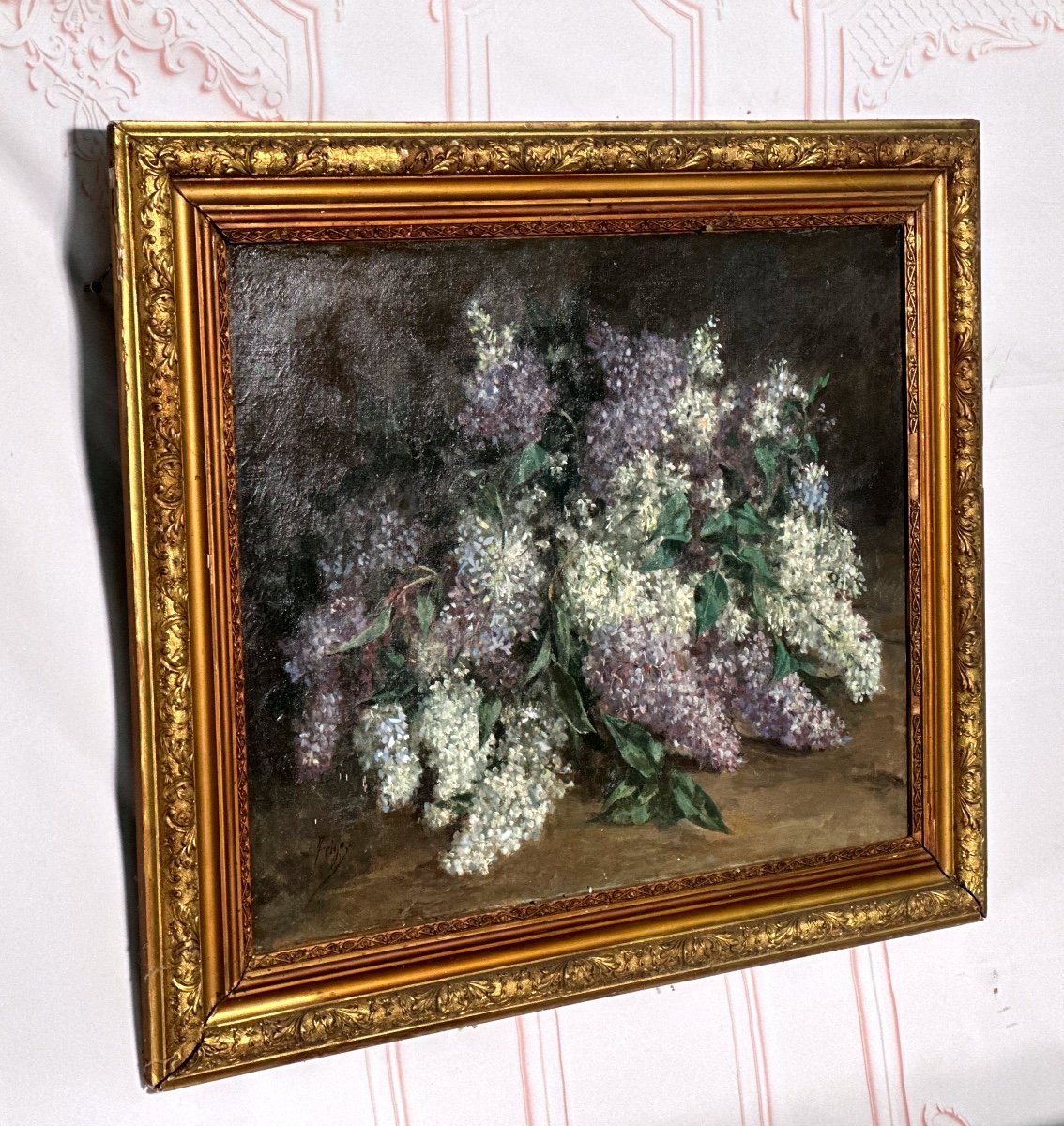 19th Century Lilac Flower Painting -photo-2