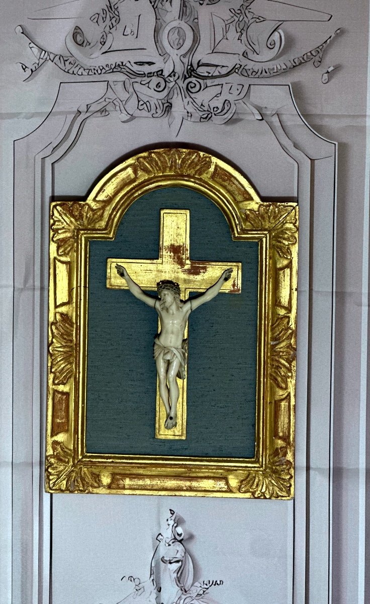 Christ En Ivoire De Morse, Crucifix  sur de Fond De Lit d'époque Louis XV 18e-photo-3