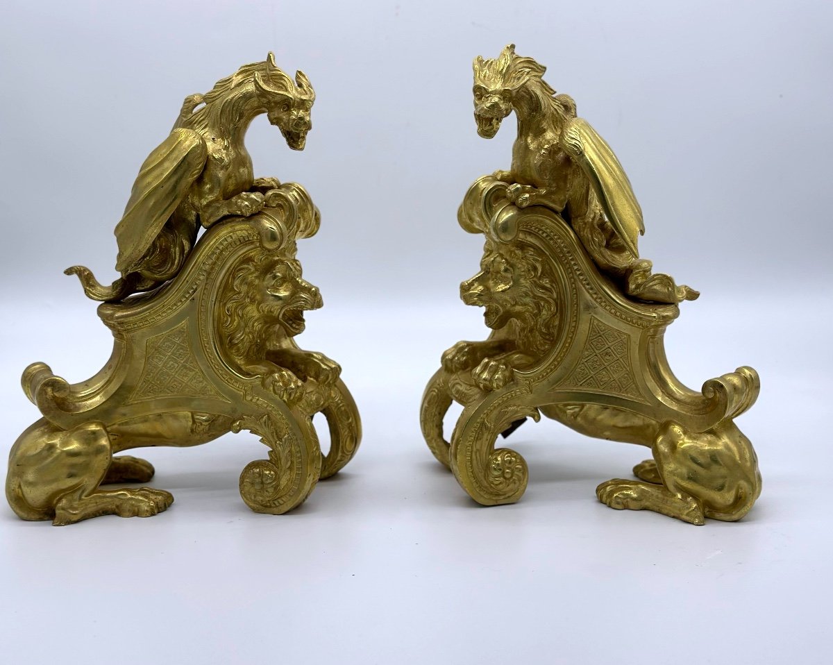 Gilt Bronze Andirons Decorated With Chimeras, Lions Attribué Charles Cressent-photo-2