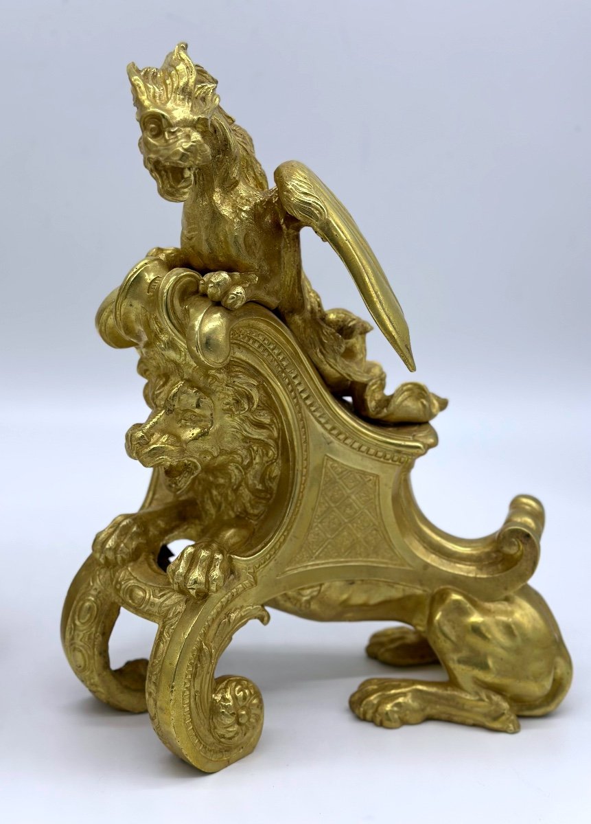 Gilt Bronze Andirons Decorated With Chimeras, Lions Attribué Charles Cressent-photo-3