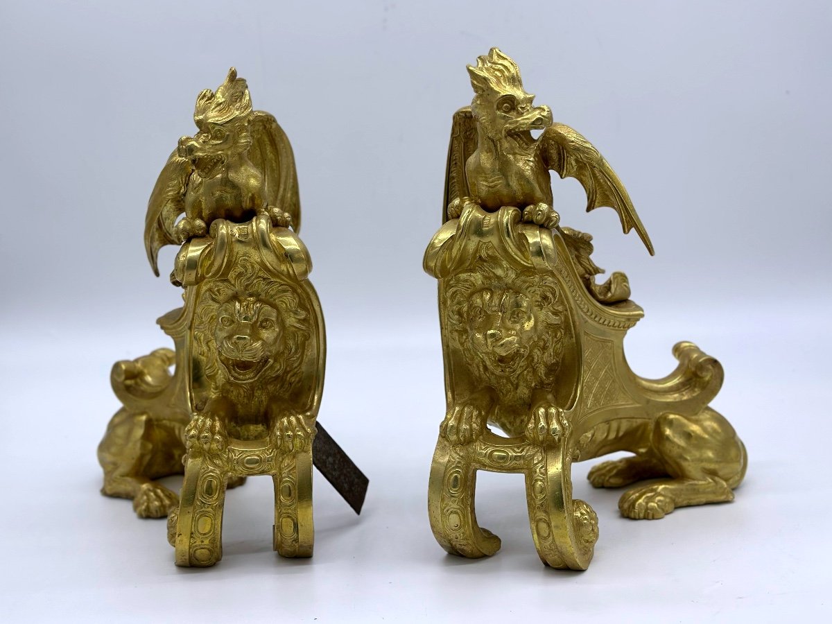 Gilt Bronze Andirons Decorated With Chimeras, Lions Attribué Charles Cressent-photo-4