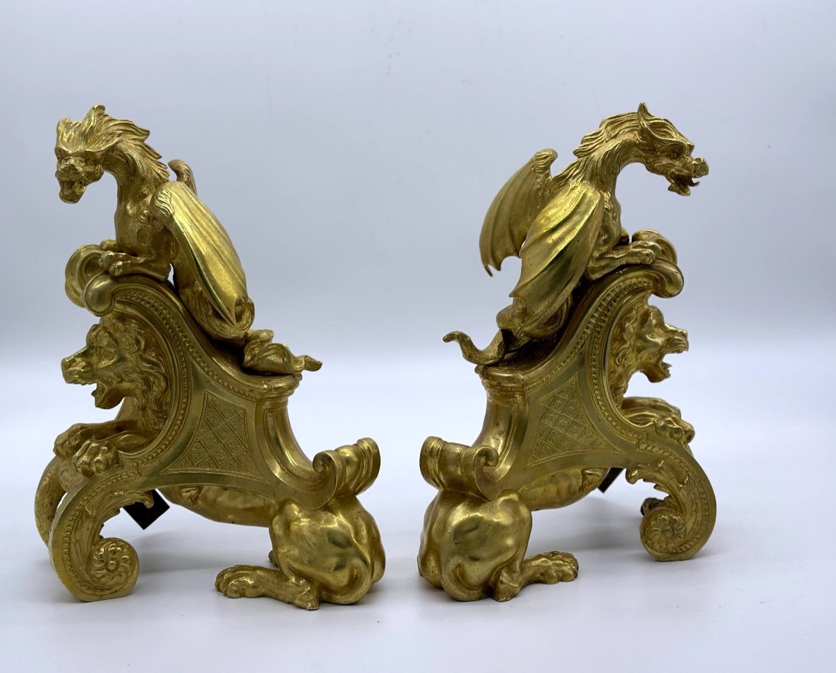 Gilt Bronze Andirons Decorated With Chimeras, Lions Attribué Charles Cressent-photo-2