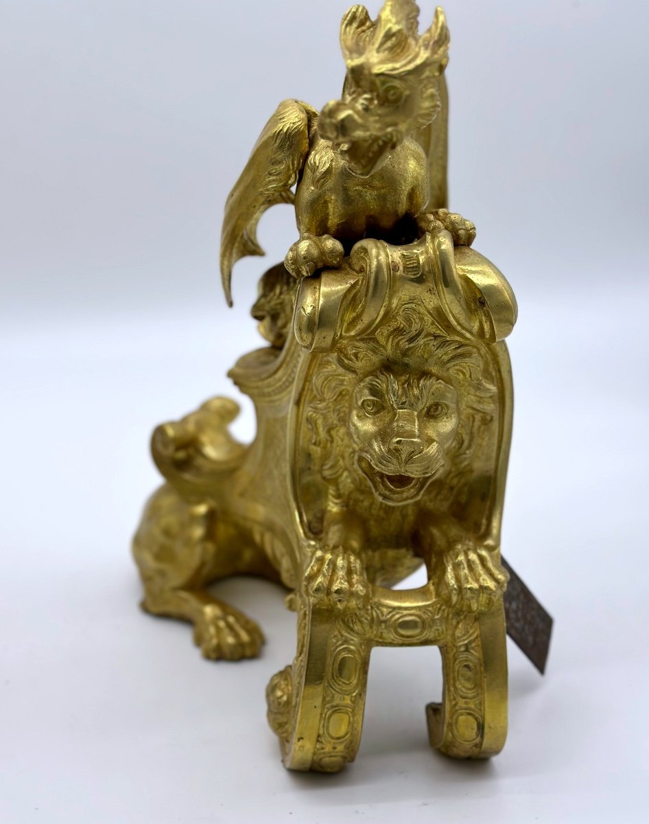 Gilt Bronze Andirons Decorated With Chimeras, Lions Attribué Charles Cressent-photo-3